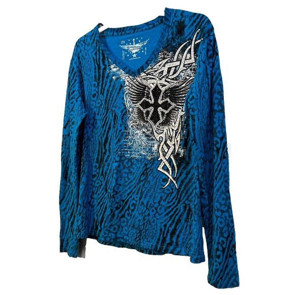 Rock & Roll Cowgirl BlackCross Blue Shirt Beads Graphic Wester 1X - Picture 3 of 12